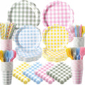 450 Pcs Gingham Tableware Set Decorations Pastel Plaid Paper Plates Napkins by Unknown