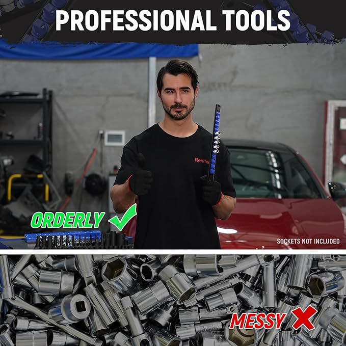 Magnetic Socket Organizer, 1-Piece Heavty Duty ABS Socket Holder, Socket Rail for Tool Box, Premium Quality 360° Swivel Socket Rack with 14 Clips for 1/4-Inch(Blue)