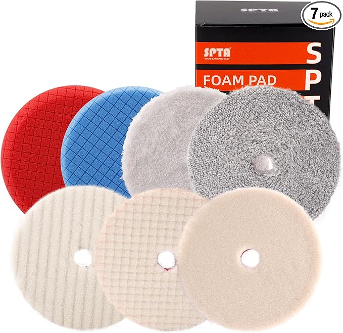 Buffing Polishing Pads, SPTA 7Pc 5.5 Inch Face for 5Inch 125mm Backing Plate Compound Buffing Sponge Pads Cutting Polishing Pad Kit for Car Buffer Polisher Compounding, Polishing and Waxing -A1094MIX