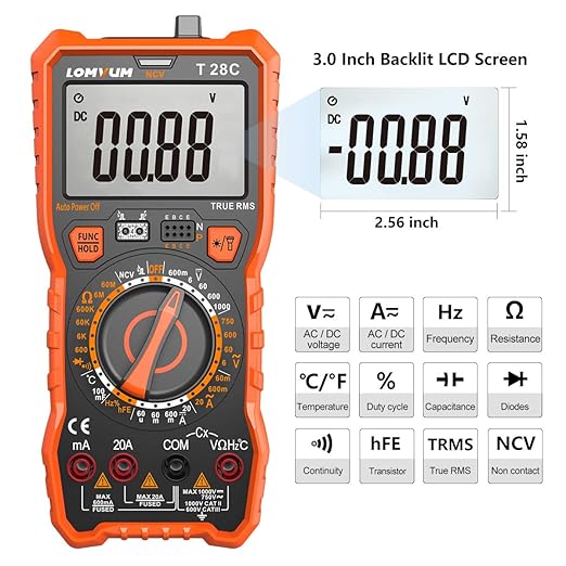 Lomvum Digital Multimeter 6000 Counts TRMS Auto-Ranging Portable Multimeter with AC DC Voltmeter and Ohmmeter Tester，Measures Voltage Current Capacitance Resistance Temperature Frequency Diode (T6)