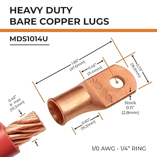 SELTERM 15pcs 1/0 AWG 1/4" Stud - UL Heavy Duty Battery Terminal Connectors, Bare Copper Battery Cable Lugs, 0 Gauge Wire Connectors, Electrical Cable Ends, Ring Terminals Copper Lugs