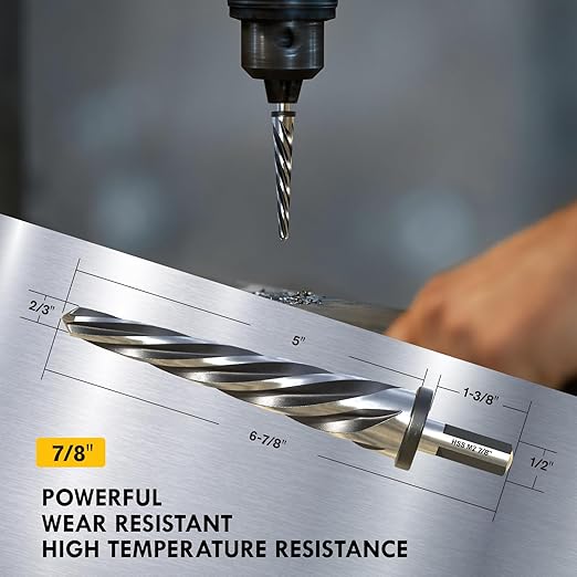 7/8" Bridge Construction Reamer, M2 HSS Taper Chucking Reamer Drill Bit with 5-Spiral Flutes Design for Steel, Alloy, Aluminum, Wood and Plastic