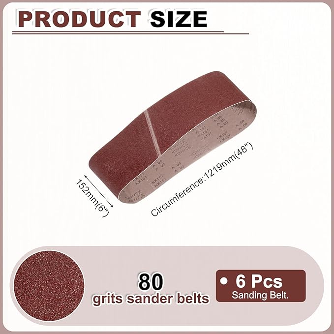 HARFINGTON 6 x 48 Inch Sanding Belts, 6 Pcs 80 Grits Aluminum Oxide Abrasive Belt Sander File Belt for Woodworking, Metal Polishing, Knife Sharpener