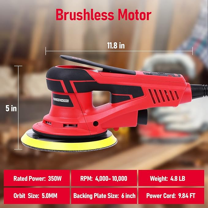 Electric Random Orbital Sander,PioneerWorks Brushless Motor,Powerful 350W & Low Vibration Palm Sander,10000 RPM Variable Speed,6-Inch For Woodworking, Polishing,Carpentry