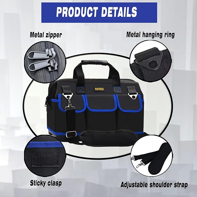22 Inch Tool Bag, Waterproof Wide Mouth Tool Kit, Heavy Duty Tool Bag Organizer With Shoulder Straps, Tool Storage Package For Men/Women (Blue22IN)