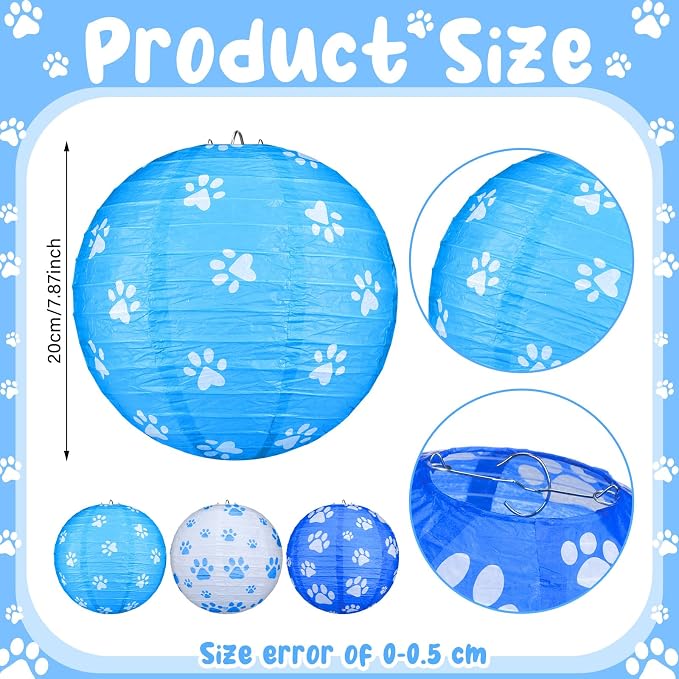 Panelee 12 Pcs Dog Paw Print Paper Lanterns Puppy Themed Party Decorations Blue - Image 2