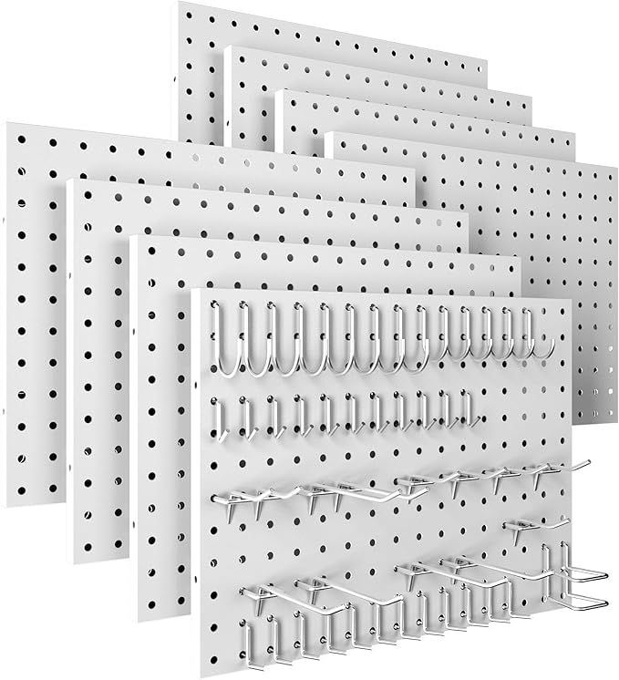 Peg Board, 8 Pack Metal Pegboard Panels White Pegboards Wall Organizer with Bent Frame Heavy Duty Peg Board for Walls Home, Garage Tool Storage, Office Organization, Craft Room, Kitchen