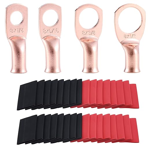 62PCS 8 AWG Ring Terminal Connectors Battery Copper Wire Lugs 8 Gauge 5/16", 3/8", 1/4", 1/2" with Heat Shrink Tubing Set, 30Pcs Battery Cable Ends and 32PCS Heat Shrink Tubing