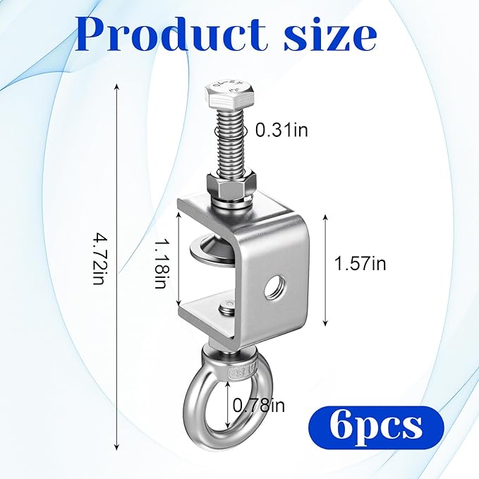 6Pcs C-Clamps, 4.72 Inch Stainless Steel Beam Clamp with M8 Screw Ring, I-Beam Design Clamps for Metal Mounting Welding Building Household Conduit Hanger