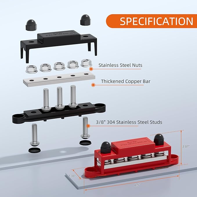 275A Power Distribution Block 12V Bus Bar 5 x 3/8" (M10) Terminal Studs 12 Volt Marine Busbar Positive and Ground for Automotive Car Boat Solar System