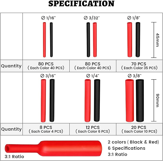 RED WOLF Waterproof Red and Black Heat Shrink Tubing Kit 270PCS, 3:1 Shrinkage Ratio, Adhesive Lined Electrical Cable Harness Heat Shrink Tube Marine Grade for Wire Wrap Connection Insulation