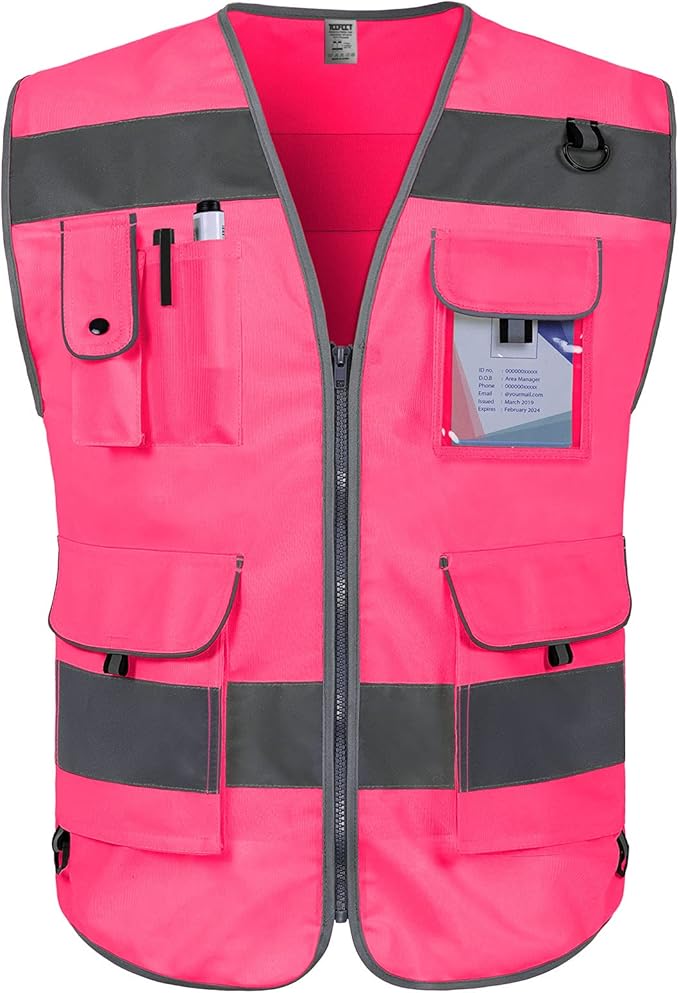 TCCFCCT Reflective Safety Vest 9 Pockets High Visibility Vest for Men Women, Hi Vis Construction Work Vest with Reinforced Sewing, Durable to Use, Meets ANSI/ISEA Standards, (Pink, 5X-Large)