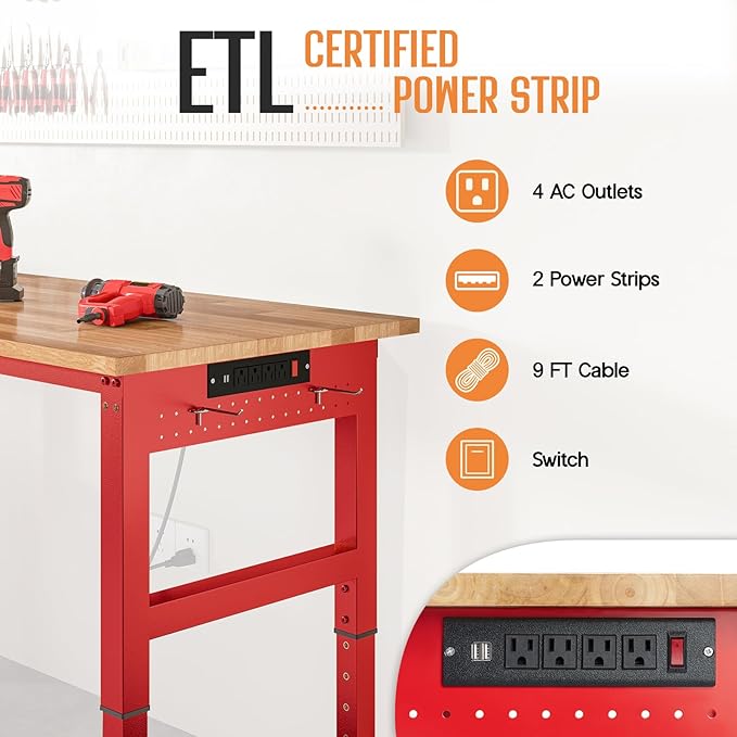 SPECRAFT 96" Red Adjustable Heavy Duty Workbench with 4 AC Outlet and 2 USB Ports Power Outlets, 5000 Lbs Capacity, Rubber Wood Top for Garage, Workshop, Office