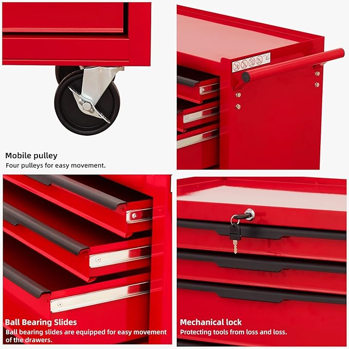 7-Drawer Rolling Tool Chest Cabinet, Large Capacity Metal Tool Box with Wheels and Keyed Locking, Roll Around Storage Organizer Tool Cart for Garage, Warehouse, Work Shop (Red)