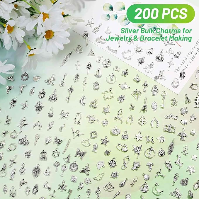 Acejoz 200Pcs Silver Charms for Jewelry Making and Bracelets, Wholesale Bulk - Image 3