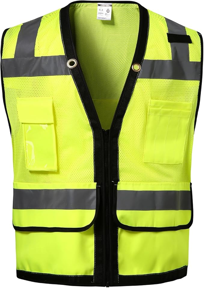 Reflective Safety Vest With Back Plan Pocket, High Visibility Class 2 Heavy Duty Surveyor With Zipper, Hi Vis ANSI/ISEA Standard, Construction Work for MenWomen (Lime, 4XL)