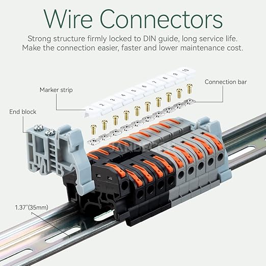 DIN Rail Terminal Blocks Kit, 20pcs Universal Compact Wire Connectors + 2pcs Connection Bar + 2pcs Marker Strip + 2pcs Terminal End Stopper + 20pcs Screws for 24-12 AWG