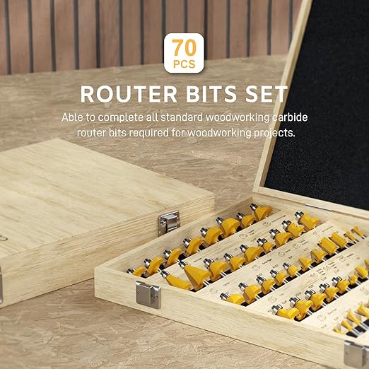 CSOOM 70PCS Router Bits Set - 1/4” Shank, Carbide Tipped Router Bits for Professional Woodworking, Includes Multiple Shapes , Yellow,for Professional and Beginners Carpenter