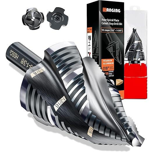 Four Spiral Flute Step Drill Bit for Metal,M35 Cobalt Unibit Step Drill Bit Set 1/4" - 1-3/8"(19 Sizes),Wear-Resistant AlTiN Coated,3/8" Hex Shank for Metal, Stainless Steel, Aluminum, Plastic