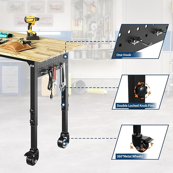 Adjustable Heavy Duty Wood Top Tool Bench Work Bench, 48'' Workbench with Power Outlet, 2000 Lbs Load Capacity Rolling Work Table with Wheels for Home Office Workshop Garage