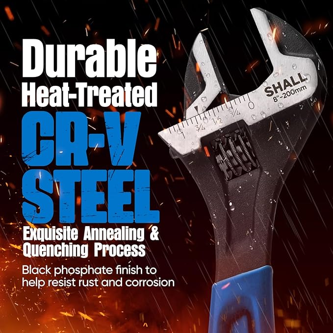 SHALL 8 Inch Adjustable Wrench, Cr-V Steel Spanner with Cushion Grip, Wide Jaw Black Oxide Wrench with Laser-etched SAE Scales for Home, Garage, Workshop and DIY