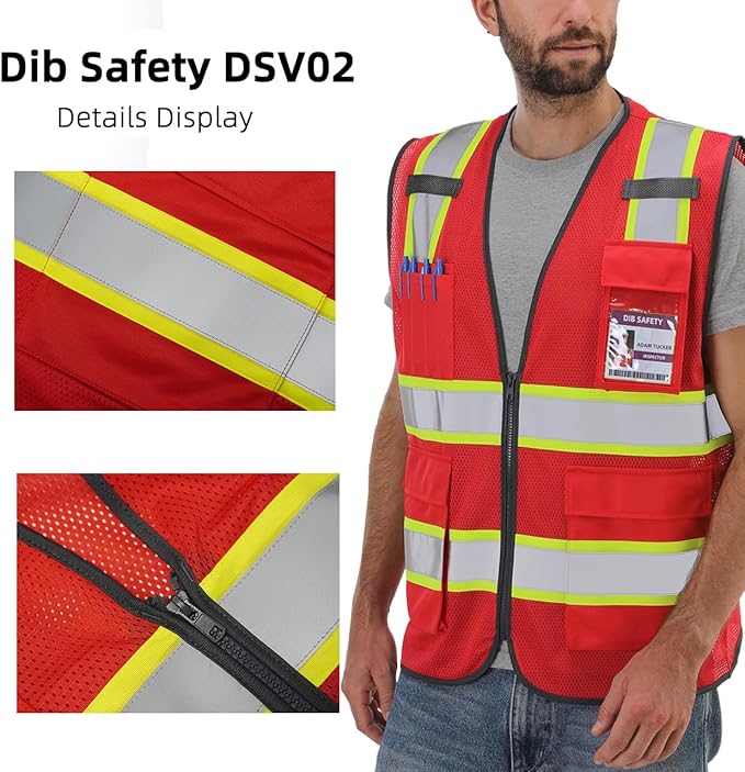 Dib Safety Reflective Mesh Vest High Visibility Two Tone with Pockets and Zipper, Red Mesh with Yellow Trim 3XL