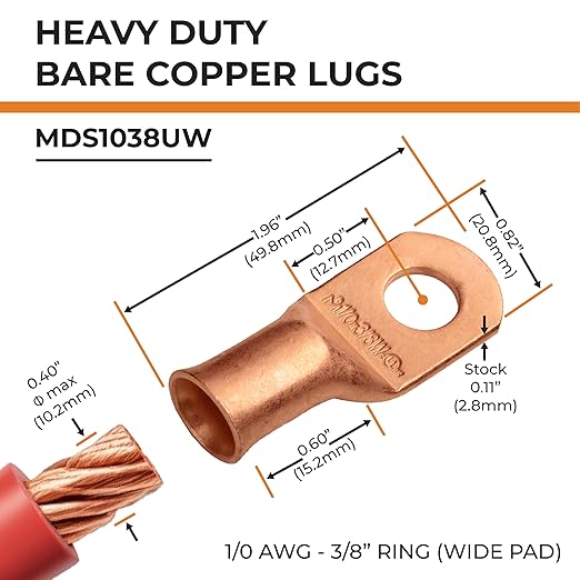 SELTERM 2pcs 1/0 AWG 3/8" Stud (Wide Pad) Copper Wire Lugs, Battery Lugs, Ring Terminals, Battery Cable Ends, 0 Gauge Ring Terminal Connectors, UL Heavy Duty Bare Copper Eyelets Battery Cable Lugs