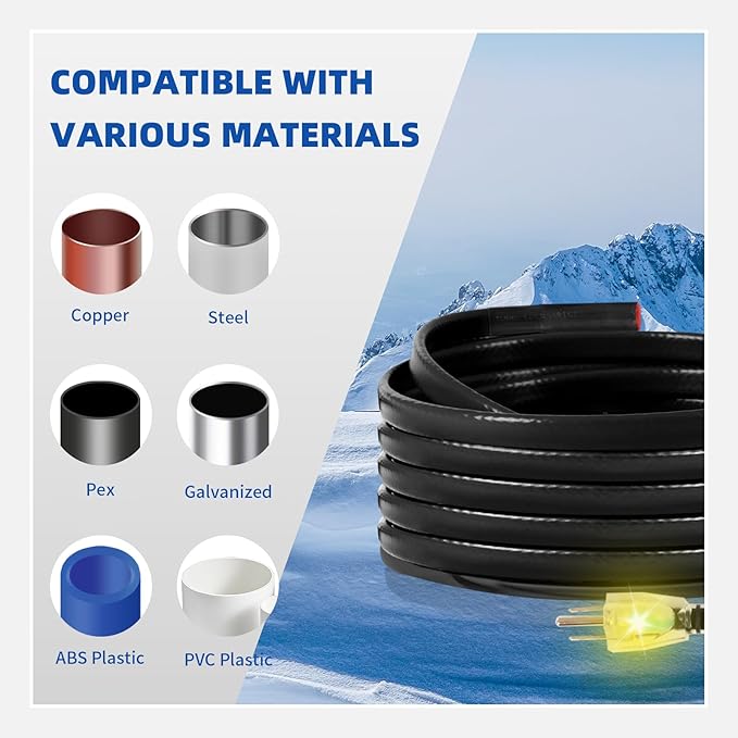 18FT Heat Cable for Water Pipes, Prevent Freezing & Easy Installation, Water Pipe Heat Cable With Thermostat Self-Regulating, Pipe Heating Trace System 120 V