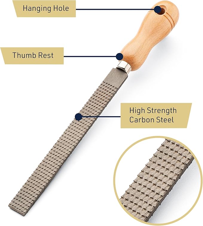 8” Flat File Tool - High Quality Steel Flat Metal File Woodworking Rasp with 4” Beech Wood Handle - Durable and Long-Lasting Wood Rasps for Woodworking to Level or Bevel Corners by Kings County Tools