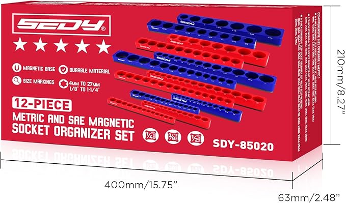 12-Piece 1/4" 3/8" 1/2"-Drive SAE & Metric Magnetic Socket Organizer Set (Holds 143 Sockets) -Detachable Tool Tray with 5mm Magnetic Base for Garage/Home(Sockets Not Included)