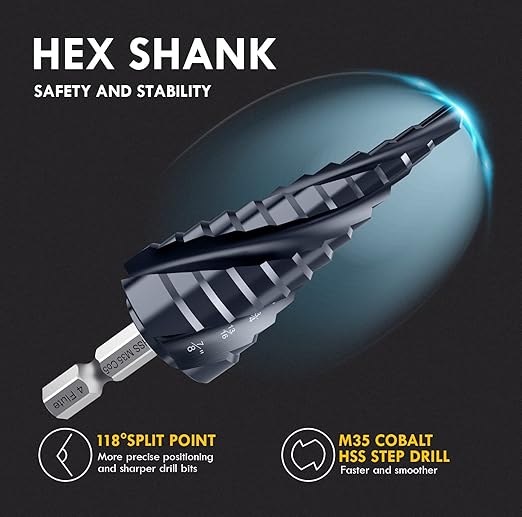 𝗠𝗔𝗖𝗫𝗖𝗢𝗜𝗣 𝗙𝗼𝘂𝗿 𝗦𝗽𝗿𝗶𝗮𝗹 𝗙𝗹𝘂𝘁𝗲 M35 Cobalt Step Drill Bit, 3/16"-7/8" Ultra 𝗧𝗶𝗔𝗜𝗡 Coated, 1/4" Hex Shank Drill Bit for Metal, Stainless Steel, Aluminum, Copper, Wood, PVC