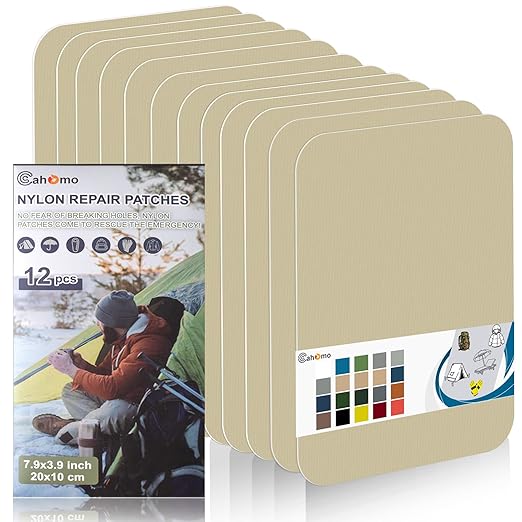 7.9x3.9 inch 12 PCS Nylon Repair Patch Nylon Repair Tape Self Adhesive Fabric Tapes Outdoor Camping Gear Fabric kit for Tent, Umbrella, Down Jackets, Sleeping Bag, Knapsack（Yellow Beige）