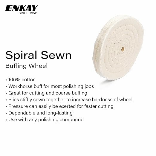 ENKAY - 8" Spiral Sewn Buffing Wheels (2 Pack) for Polishing Metal and More, for Use with Polishing Compounds, Buffing Machines & Bench Grinders (50 Ply Each)