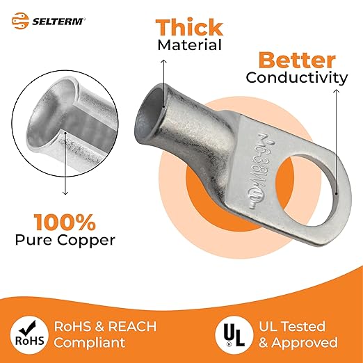 SELTERM 2pcs 6 AWG 3/8" Stud Tinned Copper Wire Lugs, Battery Lugs, Ring Terminals, Battery Cable Ends, 6 Gauge Ring Terminal Connectors, UL Marine Grade Electrical Battery Terminal Connectors