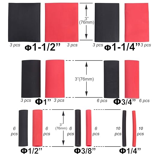 74 PCS 1-1/2, 1-1/4, 1, 3/4, 1/2, 3/8, 1/4 Inch 3:1 Heat Shrink Tubing Dual Wall Adhesive Lined Marine Grade Electrical Cable Heat-Shrink Insulation Wrap Tube Black Red