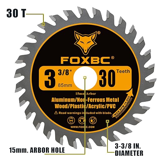 FOXBC 3-3/8 Inch Compact Circular Saw Blade Set, Multi-Material Cut for Wood, Plastic, Metal, Tile Cutting, 15mm Arbor - 6 Pack