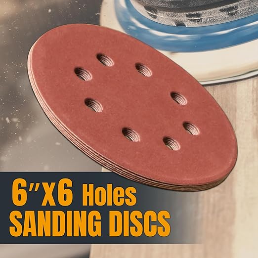 POWERTEC 60 Grit, 100 PK, 6 Inch Sanding Discs – Hook and Loop, 6-Hole Aluminum Oxide Orbital Sander Pads, Woodworking Round Sandpaper for Random Orbital, Air, Pneumatic & DA Sanders (45206-P4)