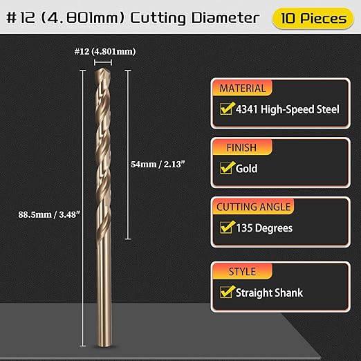 Drill Bit, #12 Cutting Diameter, 4341 HSS Gold Finish 135° Cutting Angle Number Jobber Bits - (Applications: for Drilling Soft Metal Plastic Wood), 10-Pieces