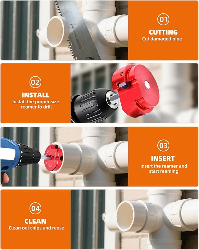 4 Pieces PVC Pipe Reamer Kit, PVC Fitsting Saver, Plastic Pipe Fitsting Reamer Socket Saver Plumbing Tool Includes 1-1/2'', 2'', 3'', 4'', for Schedule 40, Fits Standard 1/2" Drill