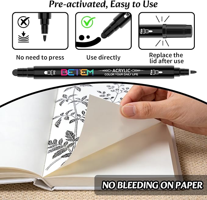 Betem 6 Black Dual Tip Acrylic Paint Markers, Fabric Decorating Kits Premium - Image 6