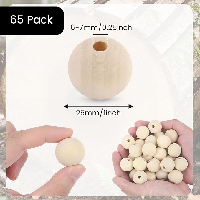 BigOtters 65-Pack 25mm Natural Unfinished Wood Beads, Round Spacer Beads - Image 2