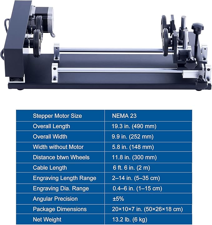 OMTech 4-Wheel Rotary Cutter and Engraver Attachment with Nema 23 2-Phase Stepper Motor for 50W 60W 80W 100W 130W CO2 Laser Engraving Machine Rotary Tool Accessory Kit for Wood and More