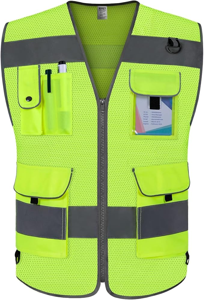 TCCFCCT Mesh Reflective Safety Vest 9 Pockets High Visibility Vest for Men Women, Hi Vis Reflective Work Vest for Safety, Meets ANSI/ISEA Standards, (Yellow, XX-Large)