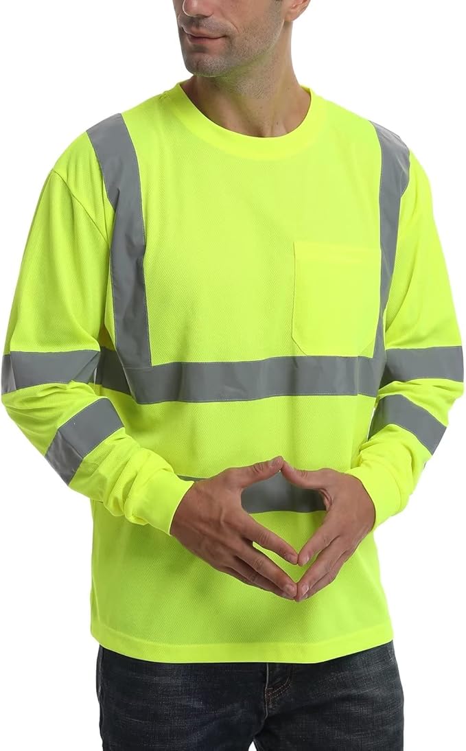 High Visibility Class 3 T Shits, Hi vis Safety Shirts with Reflective Strips and Pocket, Long Sleeve Quick Dry Mesh Construction Work Shirt for Men/Women Lime.XL