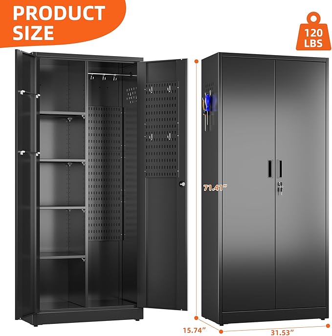 Aobabo Metal Cleaning Tool Storage Cabinet with Lockable Door, 13 Hooks and Towel Racks, Broom Closet Storage Cabinet for Janitorial Supplies, 71.41" H×31.53" W×15.74" D, Assembly Required, Black