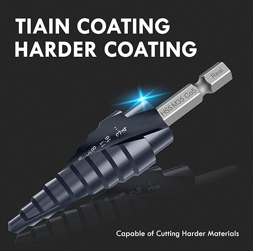 Upgrade M35 Cobalt Step Drill Bit with Ultra TiAIN Coating, 1/4"-3/4" Unibit Step Bit with Double Sprial Flute, 1/4" Hex Shank Drill Bit for Metal, Stainless Steel, Aluminum, Copper, Wood