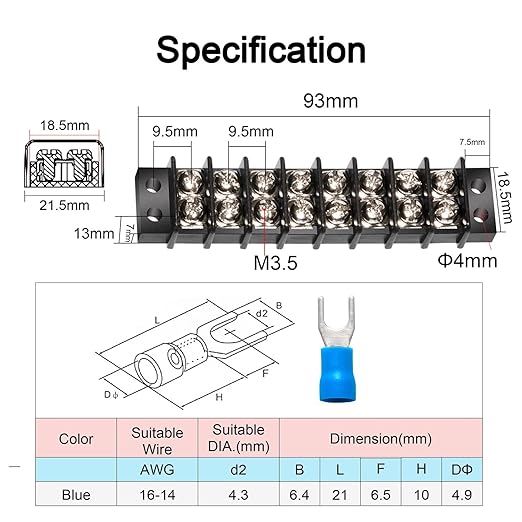 MILAPEAK Terminal Block - 2 Pack 8 Positions 200v-450v 20-30A Dual Row Screw Terminals Strip + 32 PCS Copper Wire Fork Connectors