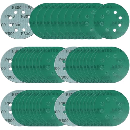 5 Inch 8 Hole Sanding Discs, 50 Pcs Wer Dry Sandpaper 800 Grit Hook and Loop Green Polyester Film Backed Sanding Disc for Random Orbital Sander Wood Car Metal Plastic (800 Grit, 50 Pack)