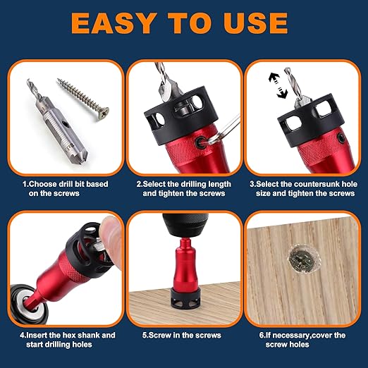 Metal Countersink Drill Bit Set 9-in-1 with Depth Stop, 4 Reversible Heads & Vertical Pilot Adjustable - Hex Shank for Hardened Steel/Woodworking, Hex Key & Chamfer Tool Includ