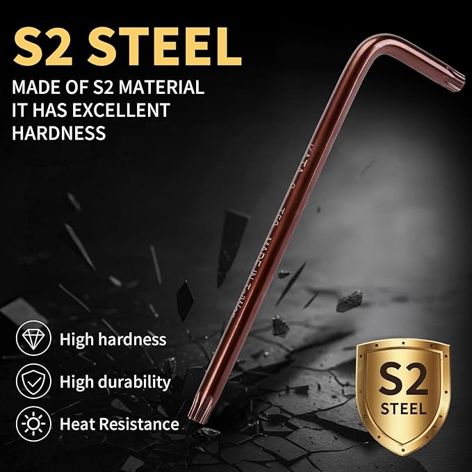 Torx Key Set Star Wrench S2 Steel T10–T50 – 9PCS Torx Allen Wrenches, Industrial Grade S2 Alloy, Long Arm, Bronze Finish, for Bike Repair, Machinery, Electronics, Garage Use